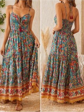 Angie Boho Floral Maxi Dress Small Smocked Waist Tie Front Teal Coral Boutique S